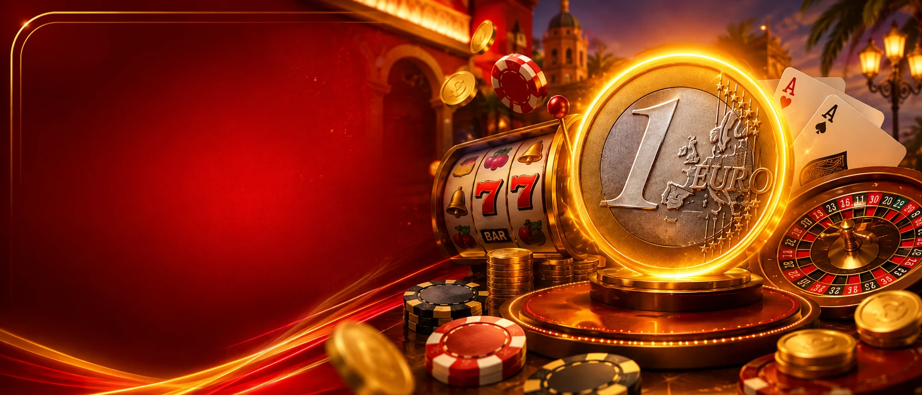 Escena de casino con moneda de 1 euro, tragamonedas, fichas, cartas y ruleta